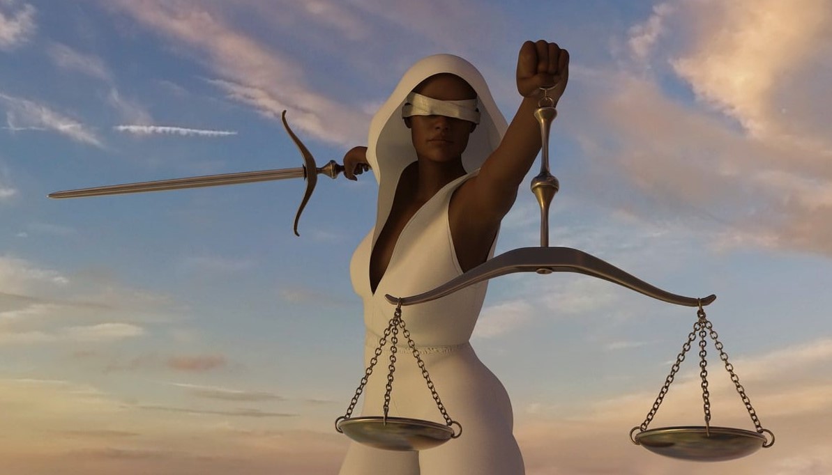 Lady Justice blindfolded and holding a balance and a sword