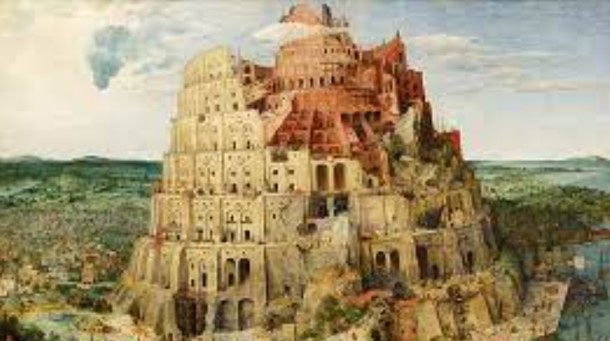 A classic painting portraying the Ancient Tower of Babel